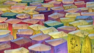 Floating candle lanterns fill a river on August 6, 2015, in Hiroshima, Japan. The lanterns, thousands of which were launched on the 70th anniversary of the atomic bombing of the city, bear handmade messages and drawings, conveying each person's prayers for peace and comfort for the victims of the violence.